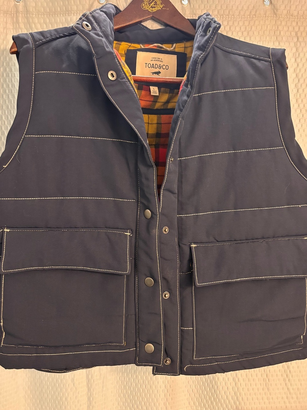 Toad&Co Men's Navy Quilted Hooded Vest with Plaid Lining